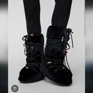 Moon Boot Black Furry Boots with Beaded Accents